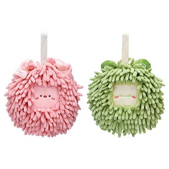 Chenille Fuzzy Ball Hand Towels Set of 2, Cute Decorative Hanging Absorbent Soft Hand Towels 7"x7"