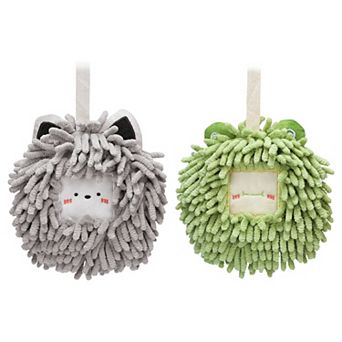 Chenille Fuzzy Ball Hand Towels Set of 2, Cute Decorative Hanging Absorbent Soft Hand Towels 7"x7"