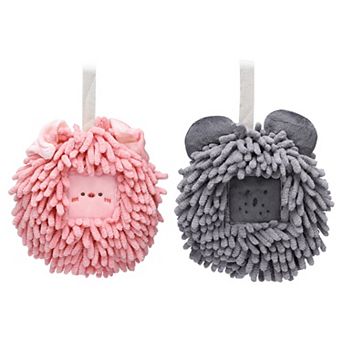 Chenille Fuzzy Ball Hand Towels Set of 2, Cute Decorative Hanging Absorbent Soft Hand Towels 7"x7"