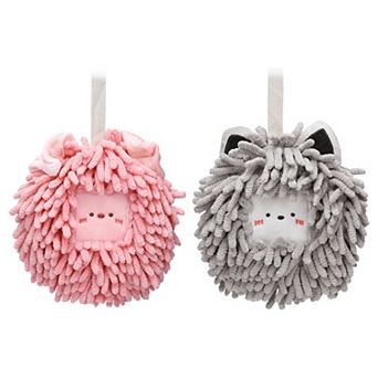 Chenille Fuzzy Ball Hand Towels Set of 2, Cute Decorative Hanging Absorbent Soft Hand Towels 7"x7"