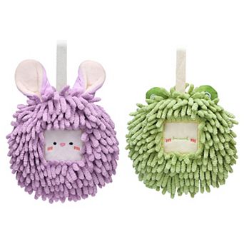 Chenille Fuzzy Ball Hand Towels Set of 2, Cute Decorative Hanging Absorbent Soft Hand Towels 7"x7"