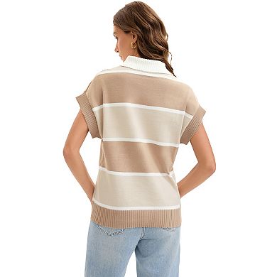 Womens Short Sleeve Sweaters V Neck Button Down Striped Pullover Tank Tops Loose Summer Sweater Vest