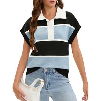Womens Short Sleeve Sweaters V Neck Button Down Striped Pullover Tank Tops Loose Summer Sweater Vest