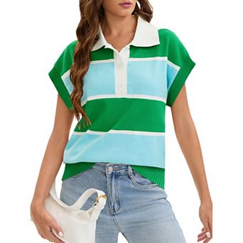 Womens Short Sleeve Sweaters V Neck Button Down Striped Pullover Tank Tops Loose Summer Sweater Vest