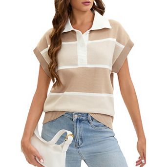 Womens Short Sleeve Sweaters V Neck Button Down Striped Pullover Tank Tops Loose Summer Sweater Vest