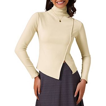 Women's Turtleneck Knit Top Asymmetric Slim Fit Basic Thermal Shirts