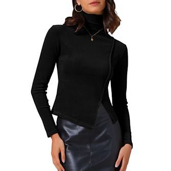 Women's Turtleneck Knit Top Asymmetric Slim Fit Basic Thermal Shirts