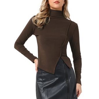 Women's Turtleneck Knit Top Asymmetric Slim Fit Basic Thermal Shirts