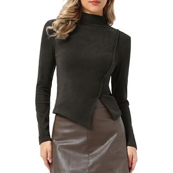 Women's Turtleneck Knit Top Asymmetric Slim Fit Basic Thermal Shirts