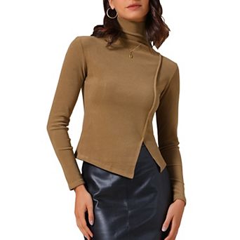 Women's Turtleneck Knit Top Asymmetric Slim Fit Basic Thermal Shirts
