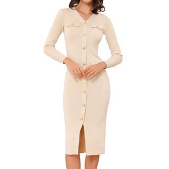 Bodycon Sweater Dress for Women's V Neck Long Sleeve Button Decor Knit Midi Dress