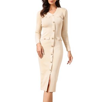 Bodycon Sweater Dress for Women's V Neck Long Sleeve Button Decor Knit Midi Dress