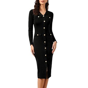 Bodycon Sweater Dress for Women's V Neck Long Sleeve Button Decor Knit Midi Dress