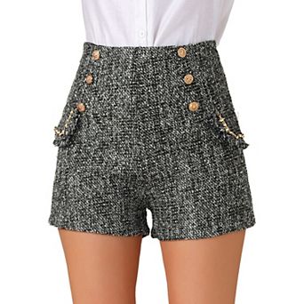 Women's Plaid Tweed High Waisted Wide Leg Button Decor Elegant Shorts