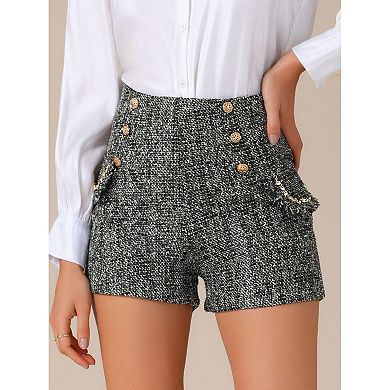Women's Plaid Tweed High Waisted Wide Leg Button Decor Elegant Shorts