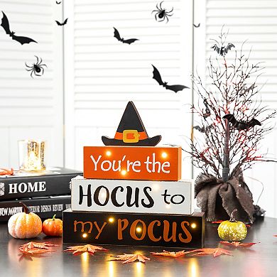 Glitzhome 11.5"H Halloween Wooden Lighted Witch Word Block Table Decor with Timer