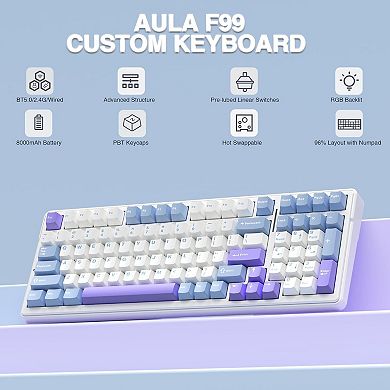 AULA F99, 99-Key, Wireless, Hot Swappable, Mechanical Gaming Keyboard, RGB, 5-Layer Padding