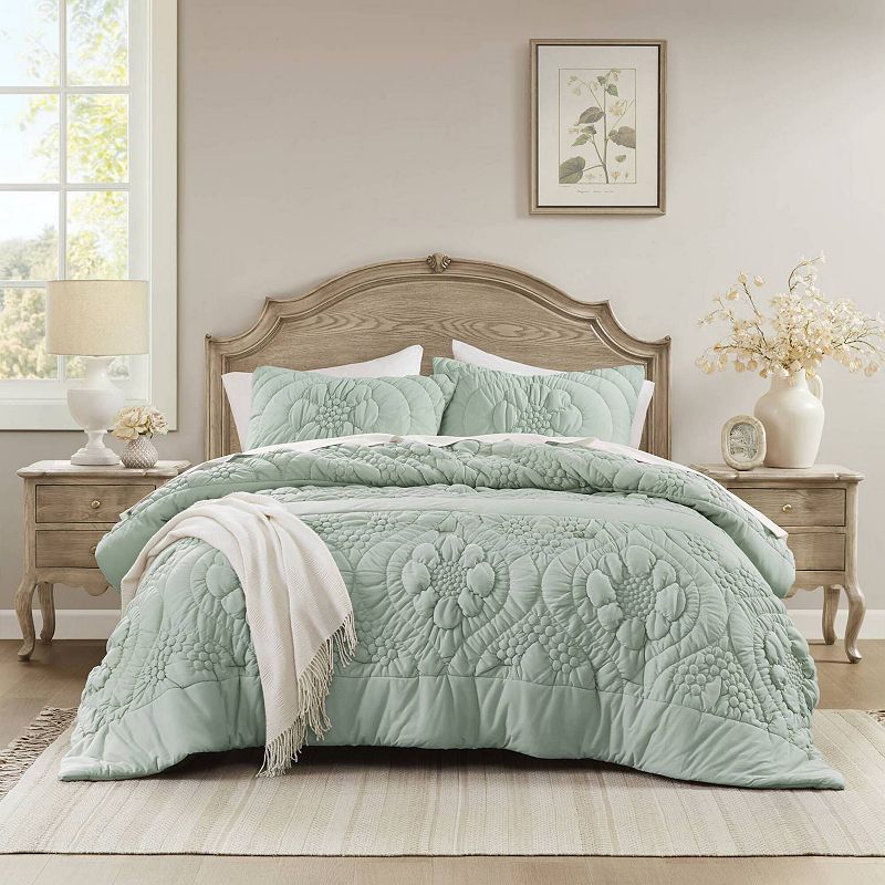 Madison Park Amelie Puffy Floral Quilting Comforter Set, Green