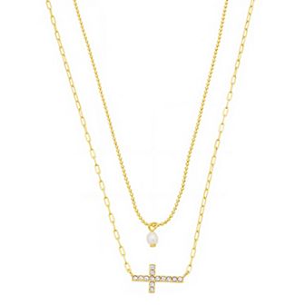 Gratitude & Grace 14k Gold Flash Plated Crystal Sideways Cross & Freshwater Cultured Pearl Layered Necklace