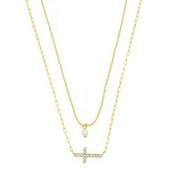 Gratitude & Grace 14k Gold Flash Plated Crystal Sideways Cross & Freshwater Cultured Pearl Layered Necklace