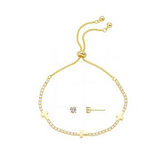 Gratitude & Grace 14k Gold Flash Plated Cubic Zirconia Tennis Bracelet & Stud Earring Set