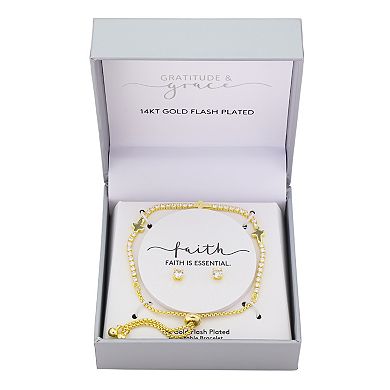 Gratitude & Grace 14k Gold Flash Plated Cubic Zirconia Tennis Bracelet & Stud Earring Set