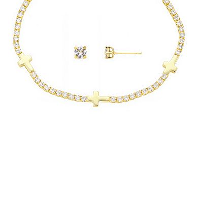 Gratitude & Grace 14k Gold Flash Plated Cubic Zirconia Tennis Bracelet & Stud Earring Set