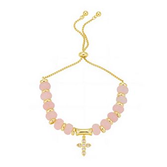 Gratitude & Grace 14k Gold-Flash Plated Rose Quartz Cross Adjustable Bracelet