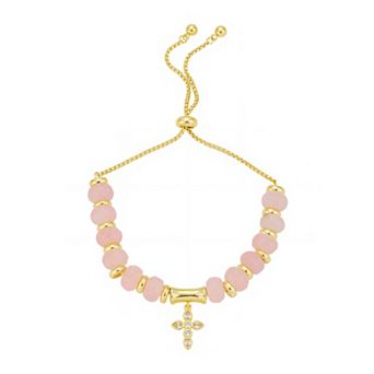 Gratitude & Grace 14k Gold-Flash Plated Rose Quartz Cross Adjustable Bracelet
