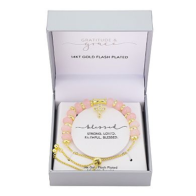 Gratitude & Grace 14k Gold-Flash Plated Rose Quartz Cross Adjustable Bracelet