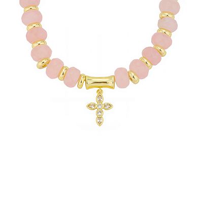 Gratitude & Grace 14k Gold-Flash Plated Rose Quartz Cross Adjustable Bracelet