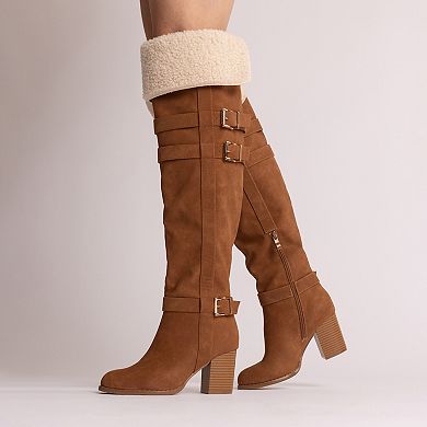 Journee Alyza Women's Comfort Buckle Detail Over-the-Knee Zipper Almond Toe Boots