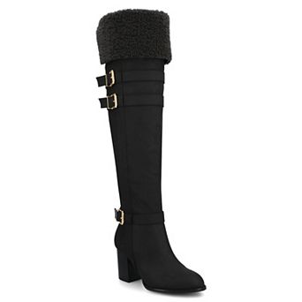 Journee Alyza Women's Comfort Buckle Detail Over-the-Knee Zipper Almond Toe Boots