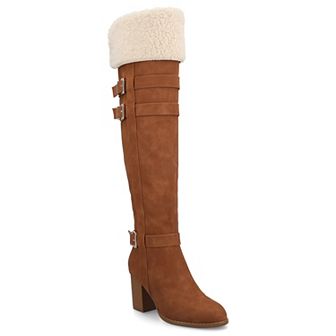Journee Alyza Women's Comfort Buckle Detail Over-the-Knee Zipper Almond Toe Boots
