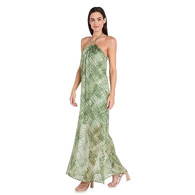 Women's R&M Richards Shirred Neckline Tie Back Print Maxi Dress