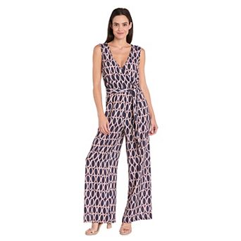 Women's R&M Richards Elastic & Tie Waist Print Crepon Jumpsuit