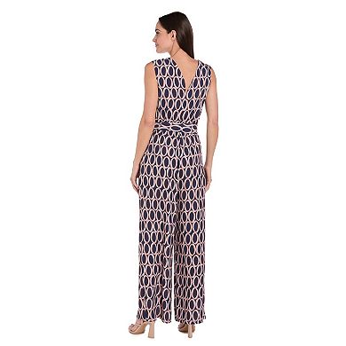Women's R&M Richards Elastic & Tie Waist Print Crepon Jumpsuit