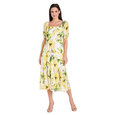 Женские платья R&M Women's R&M Richards Floral 3 tier d Puff Sleeve Skirt Dress