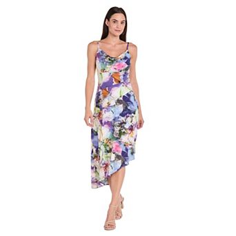 Women's R&M Richards Cowl Neck Asymmetrical Hem Print Stretch Satin Dress
