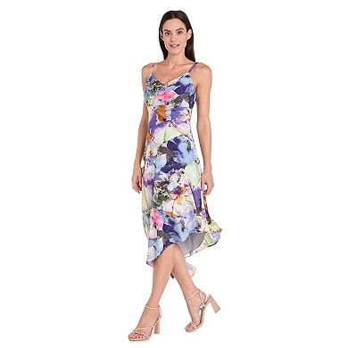 Women's R&M Richards Cowl Neck Asymmetrical Hem Print Stretch Satin Dress