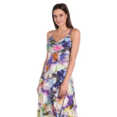 Women's R&M Richards Cowl Neck Asymmetrical Hem Print Stretch Satin Dress