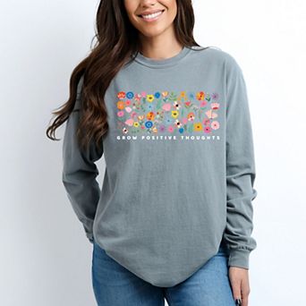Grow Positive Thoughts Floral - Women's Garment Dyed Long Sleeve Graphic T-Shirt