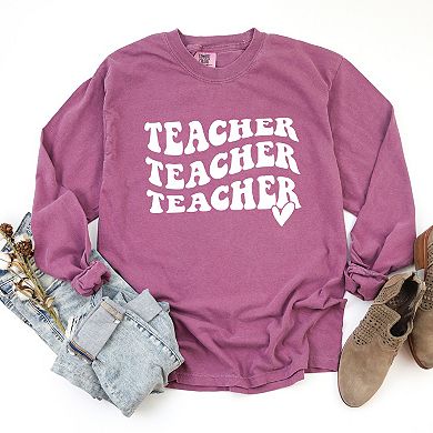 Simply Sage Market Teacher Stacked Wavy Heart Garment Dyed Long Sleeve