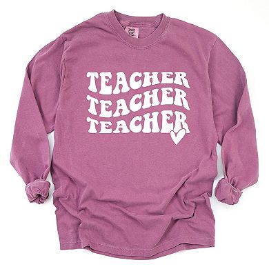 Simply Sage Market Teacher Stacked Wavy Heart Garment Dyed Long Sleeve