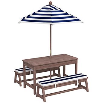 Qaba Kids Picnic Table, Wooden Table & Bench Set w Cushions, Umbrella