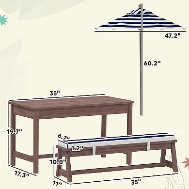 Qaba Kids Picnic Table, Wooden Table & Bench Set w Cushions, Umbrella