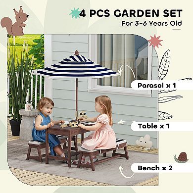 Qaba Kids Picnic Table, Wooden Table & Bench Set w Cushions, Umbrella