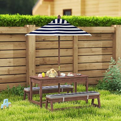 Qaba Kids Picnic Table, Wooden Table & Bench Set w Cushions, Umbrella