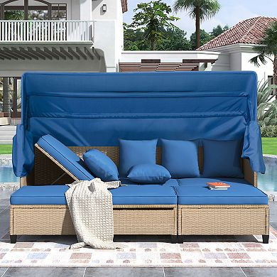 Merax 4 Piece UV-Proof Resin Wicker Patio Sofa Set with Retractable Canopy, Cushions