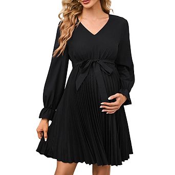 Maternity Long Puff Sleeve Pleated Dress V Neck Ruffle Belted Midi Dress Baby Shower
